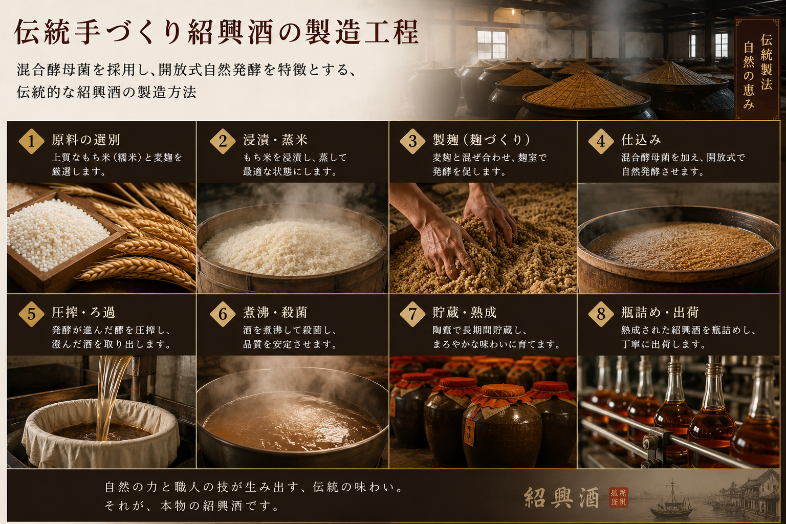 伝統手づくり紹興酒の製造工程